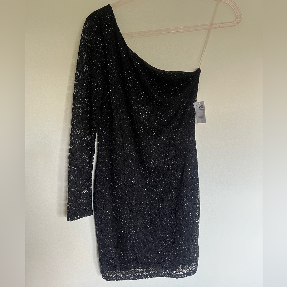 CHARLOTTE RUSSE Black Sparkly Lace Mini Dress Long Sleeve One Shoulder
